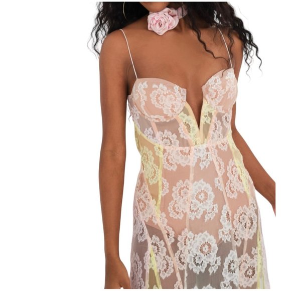 For Love and Lemons Blossom Sheer Floral Maxi Dress Yellow Size Medium NWT - Picture 2 of 4